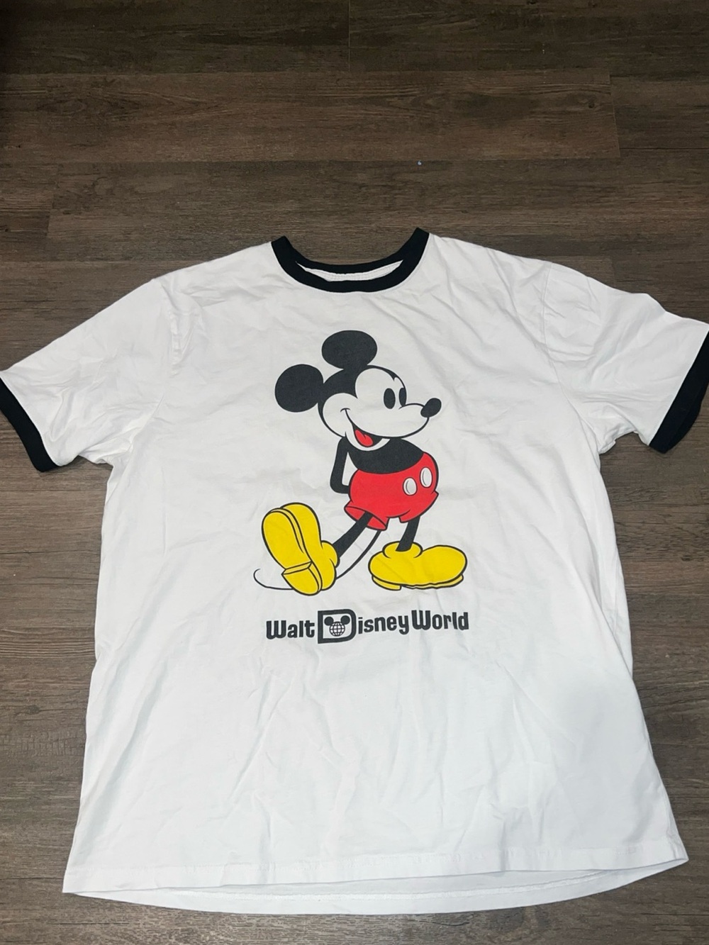 Disney White Ringer Tee with Black Trim and Mickey Graphic